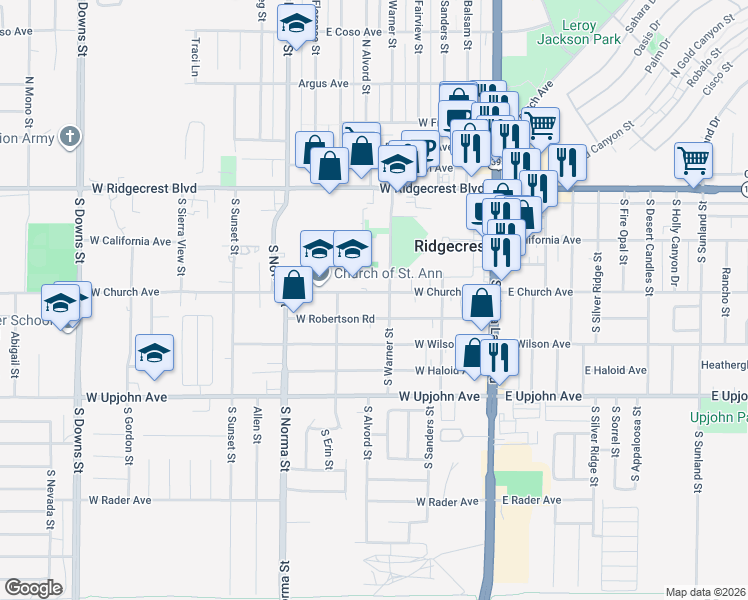 map of restaurants, bars, coffee shops, grocery stores, and more near 303 West Church Avenue in Ridgecrest