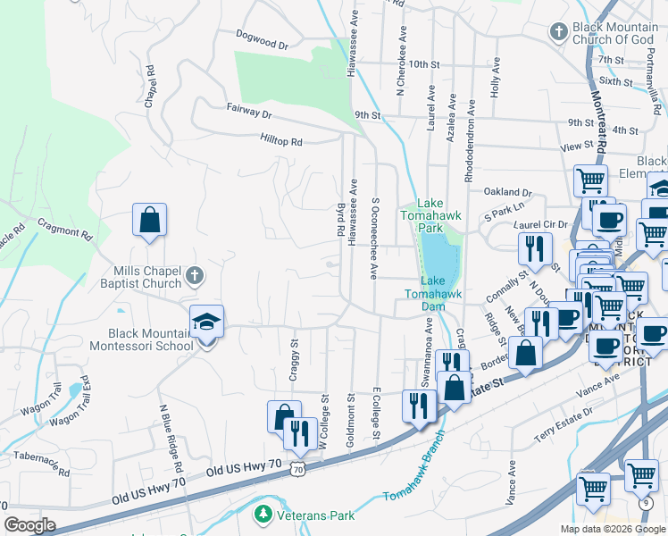 map of restaurants, bars, coffee shops, grocery stores, and more near 29 Byrd Road in Black Mountain