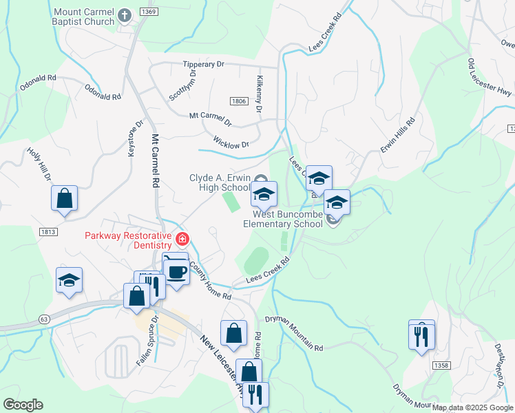 map of restaurants, bars, coffee shops, grocery stores, and more near 60 Lees Creek Road in Asheville