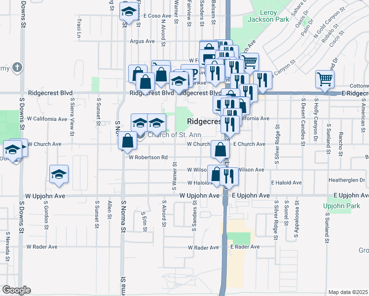 map of restaurants, bars, coffee shops, grocery stores, and more near 229 West Church Avenue in Ridgecrest