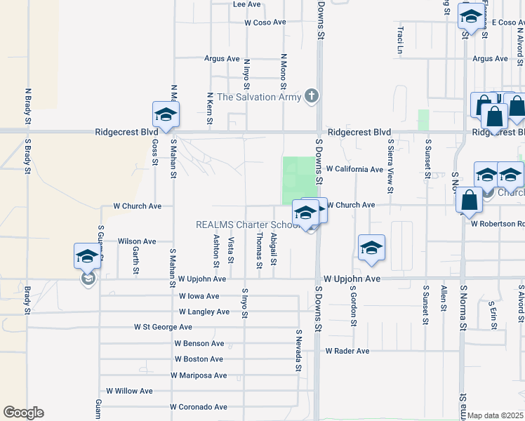 map of restaurants, bars, coffee shops, grocery stores, and more near 1013 West Church Avenue in Ridgecrest