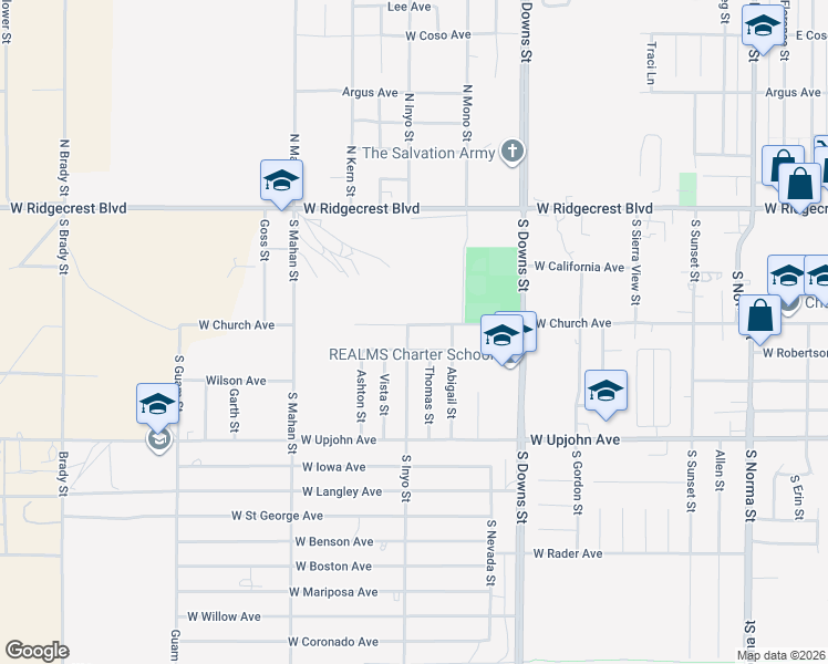 map of restaurants, bars, coffee shops, grocery stores, and more near 1019 West Church Avenue in Ridgecrest