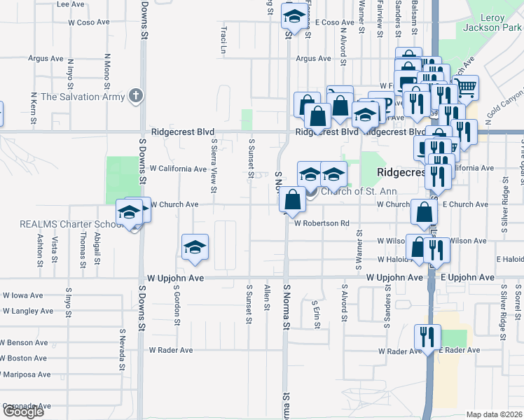 map of restaurants, bars, coffee shops, grocery stores, and more near 244 South Sunset Street in Ridgecrest