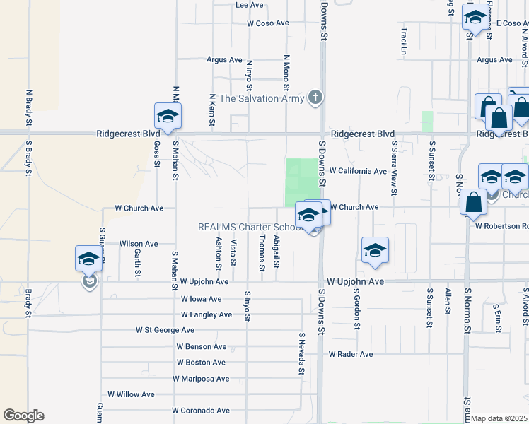 map of restaurants, bars, coffee shops, grocery stores, and more near 1013 West Church Avenue in Ridgecrest