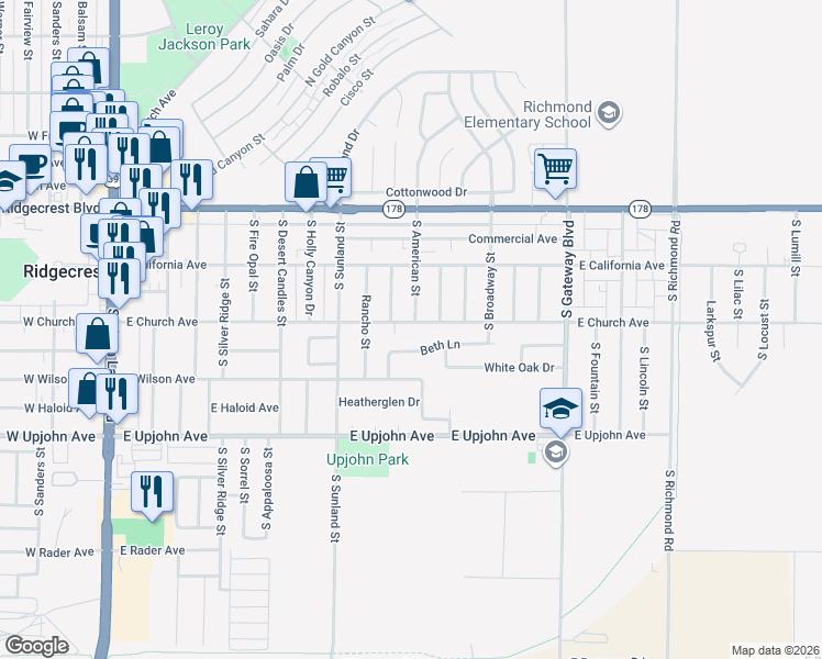 map of restaurants, bars, coffee shops, grocery stores, and more near 609 East Church Avenue in Ridgecrest