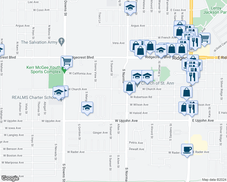 map of restaurants, bars, coffee shops, grocery stores, and more near 537 West Church Avenue in Ridgecrest
