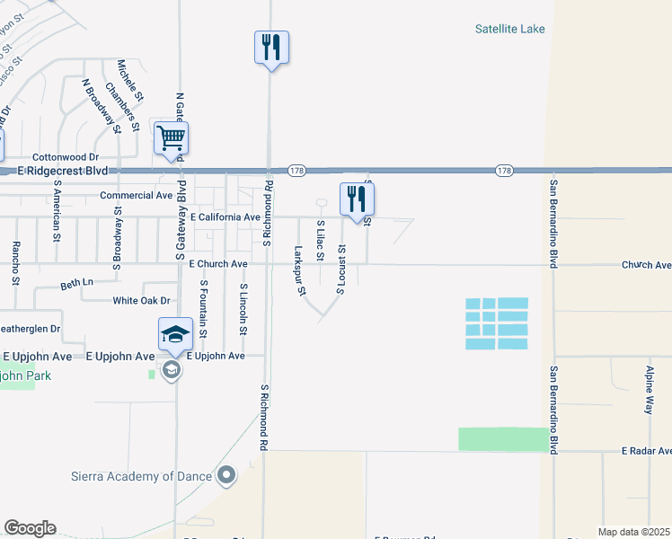 map of restaurants, bars, coffee shops, grocery stores, and more near 301 South Locust Street in Ridgecrest