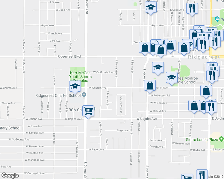 map of restaurants, bars, coffee shops, grocery stores, and more near 711 West Church Avenue in Ridgecrest