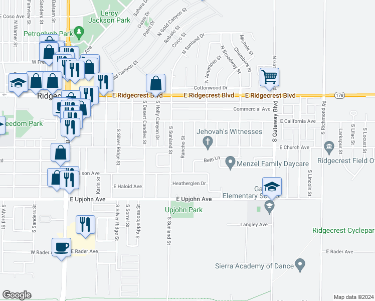 map of restaurants, bars, coffee shops, grocery stores, and more near 535 East Church Avenue in Ridgecrest
