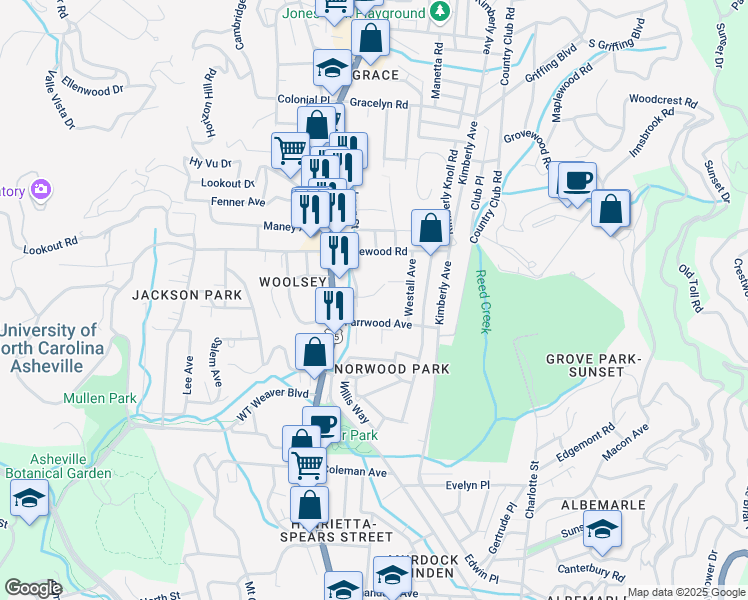 map of restaurants, bars, coffee shops, grocery stores, and more near 40 Westall Drive in Asheville