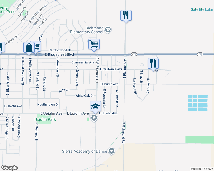 map of restaurants, bars, coffee shops, grocery stores, and more near 300 South Fountain Street in Ridgecrest