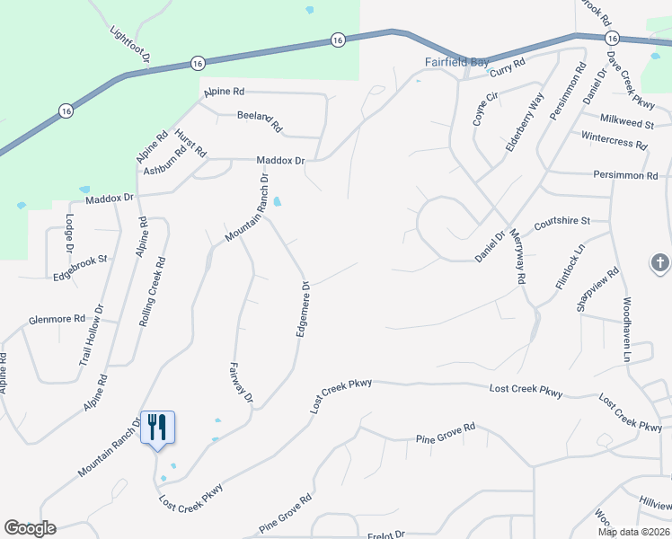 map of restaurants, bars, coffee shops, grocery stores, and more near 114 Edgemere Loop in Fairfield Bay