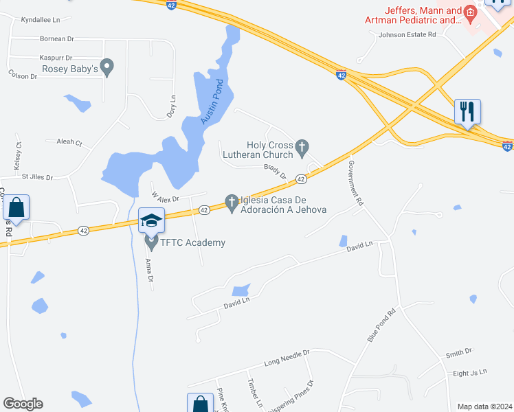 map of restaurants, bars, coffee shops, grocery stores, and more near 3099 Highway 42 in Clayton
