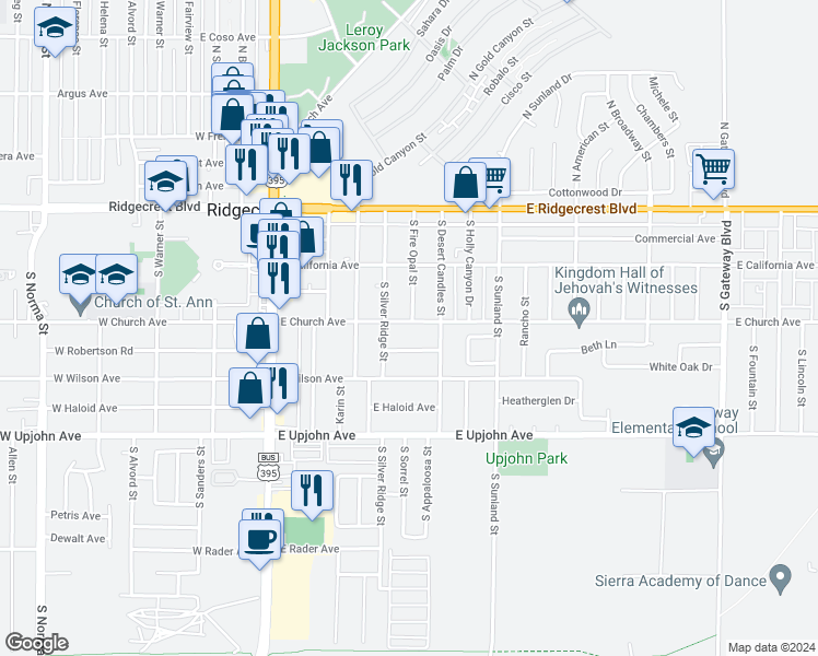 map of restaurants, bars, coffee shops, grocery stores, and more near 319 East Church Avenue in Ridgecrest