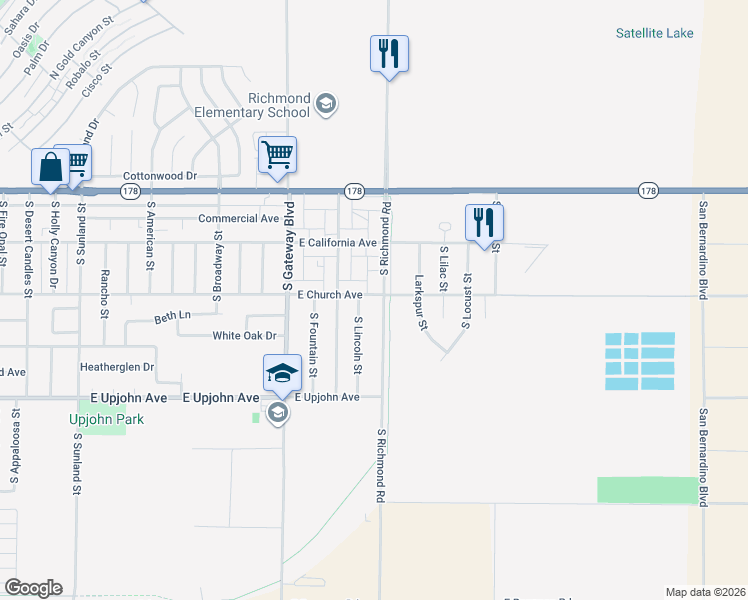 map of restaurants, bars, coffee shops, grocery stores, and more near 233 South Richmond Road in Ridgecrest