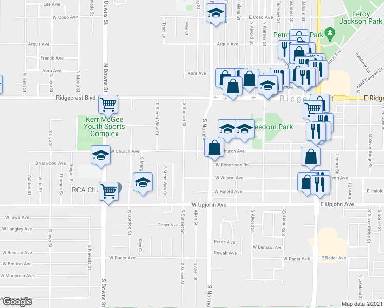 map of restaurants, bars, coffee shops, grocery stores, and more near 244 South Sunset Street in Ridgecrest