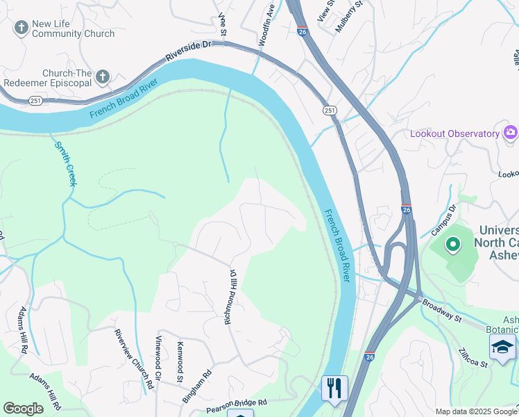 map of restaurants, bars, coffee shops, grocery stores, and more near 40 Rolling Oaks Drive in Asheville