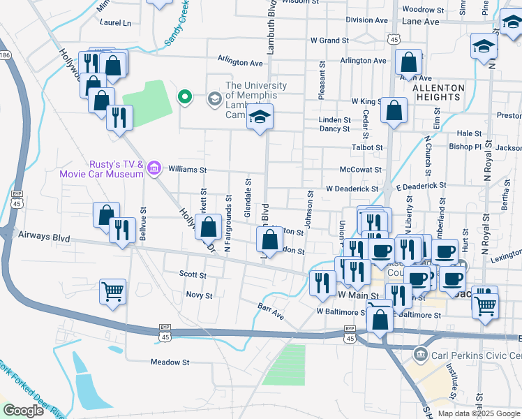 map of restaurants, bars, coffee shops, grocery stores, and more near 407 Lambuth Boulevard in Jackson