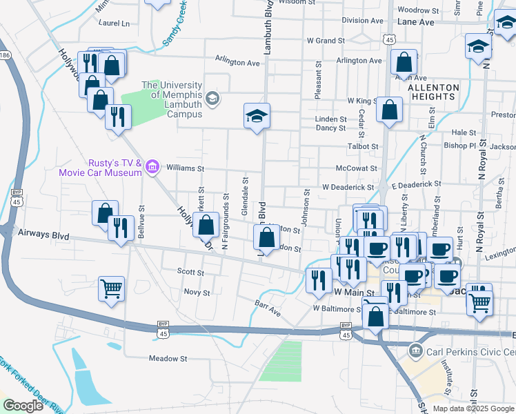 map of restaurants, bars, coffee shops, grocery stores, and more near 407 Lambuth Boulevard in Jackson