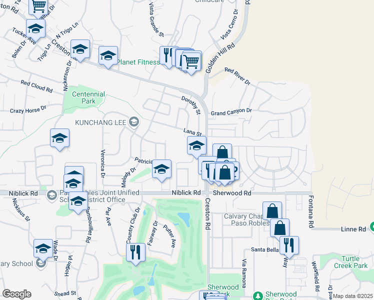 map of restaurants, bars, coffee shops, grocery stores, and more near 1350 Creston Road in Paso Robles