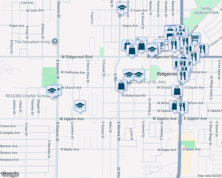 map of restaurants, bars, coffee shops, grocery stores, and more near 341 Sunset Place in Ridgecrest