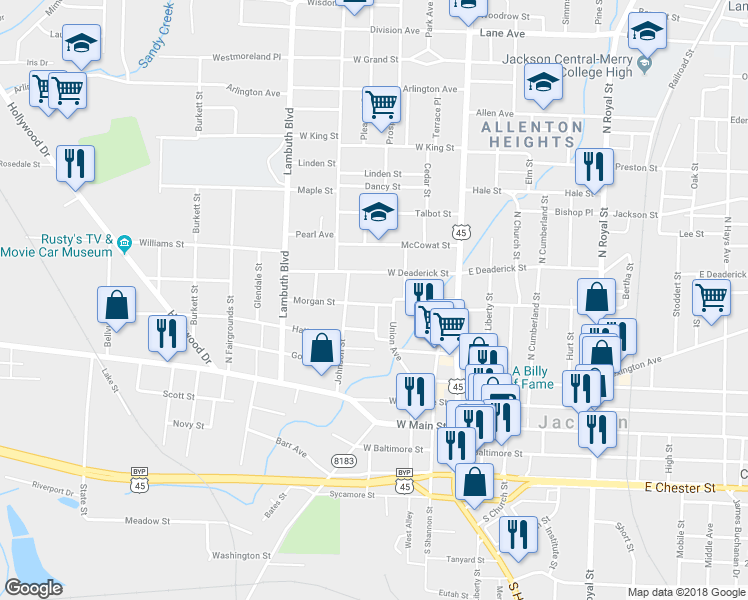 map of restaurants, bars, coffee shops, grocery stores, and more near 115 Morgan Street in Jackson