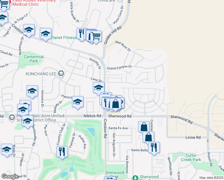 map of restaurants, bars, coffee shops, grocery stores, and more near 1387 Creston Road in Paso Robles