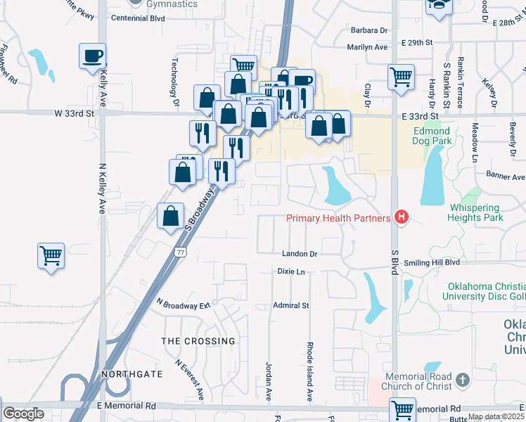 map of restaurants, bars, coffee shops, grocery stores, and more near 65 Bonaire Drive in Edmond