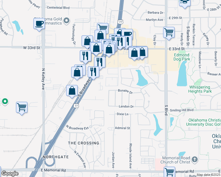 map of restaurants, bars, coffee shops, grocery stores, and more near 61 Bonaire Drive in Edmond