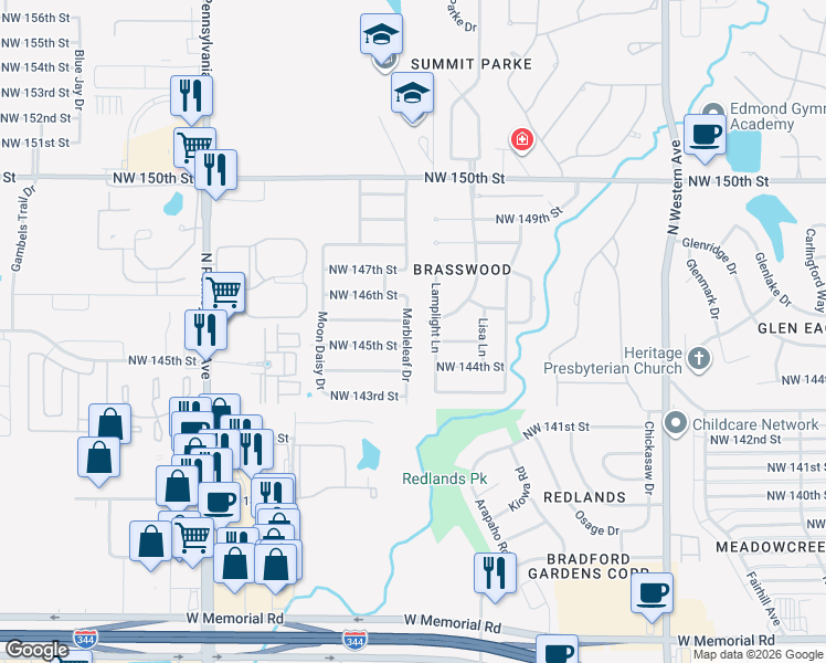 map of restaurants, bars, coffee shops, grocery stores, and more near 1608 Northwest 146th Terrace in Edmond