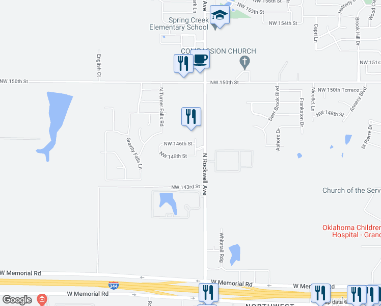 map of restaurants, bars, coffee shops, grocery stores, and more near 7117 Northwest 145th Street in Oklahoma City