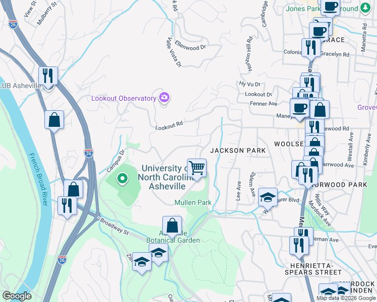 map of restaurants, bars, coffee shops, grocery stores, and more near 100 Theatre Lane in Woodfin