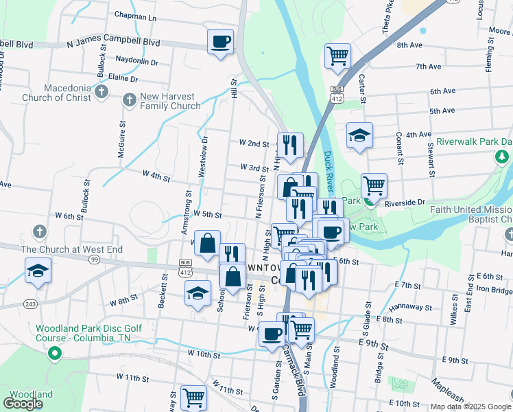 map of restaurants, bars, coffee shops, grocery stores, and more near 507 North Frierson Street in Columbia