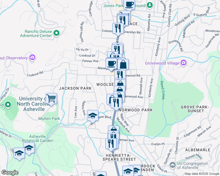map of restaurants, bars, coffee shops, grocery stores, and more near 600 Merrimon Avenue in Asheville