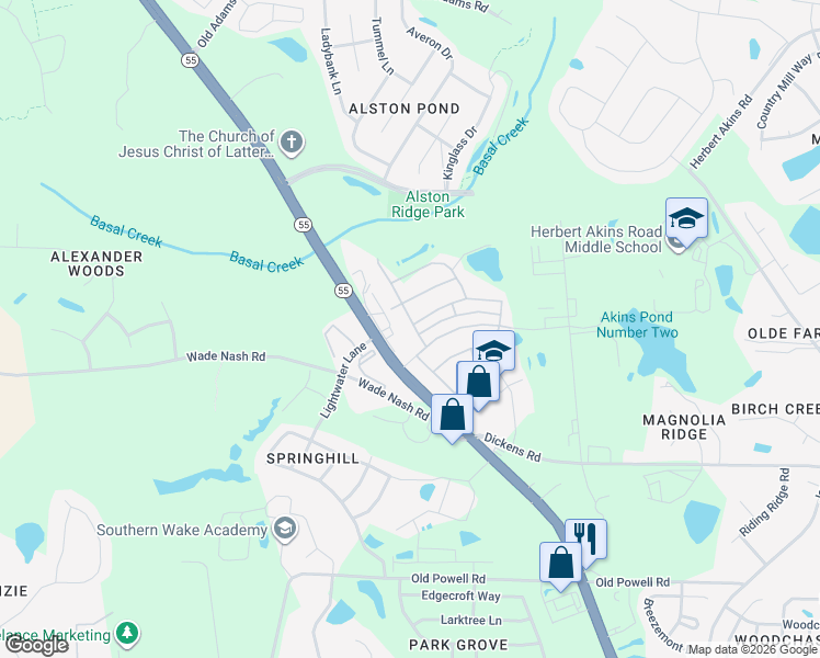 map of restaurants, bars, coffee shops, grocery stores, and more near Cherry Top Drive in Wake County
