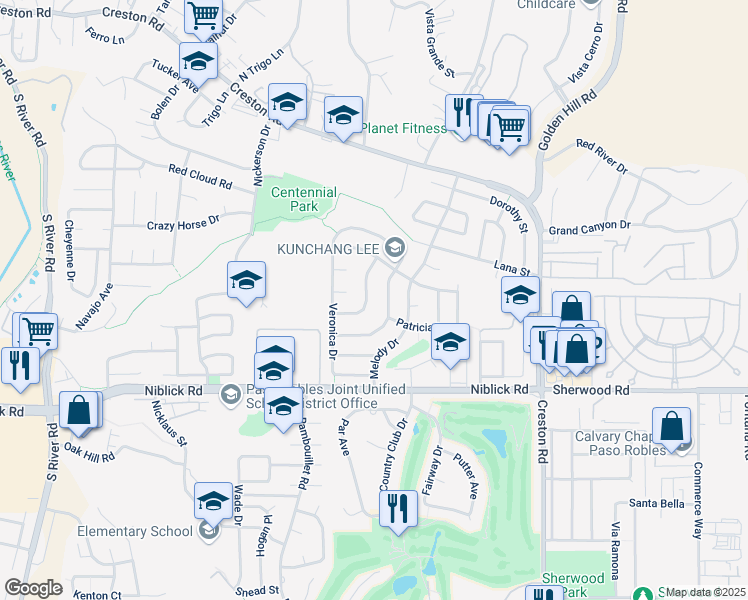 map of restaurants, bars, coffee shops, grocery stores, and more near 1120 Rachel Lane in Paso Robles