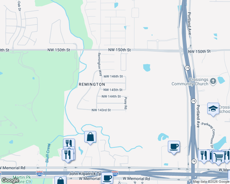 map of restaurants, bars, coffee shops, grocery stores, and more near 4124 Northwest 145th Street in Oklahoma City