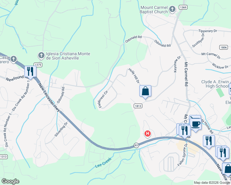 map of restaurants, bars, coffee shops, grocery stores, and more near 39 Fieldcrest Circle in Asheville