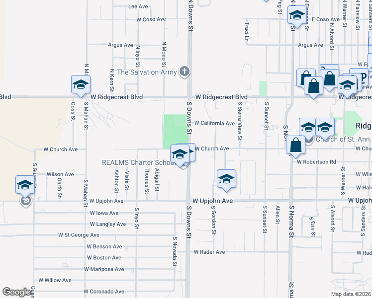 map of restaurants, bars, coffee shops, grocery stores, and more near 910 West Church Avenue in Ridgecrest