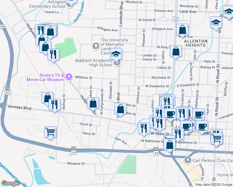 map of restaurants, bars, coffee shops, grocery stores, and more near 407 Lambuth Boulevard in Jackson