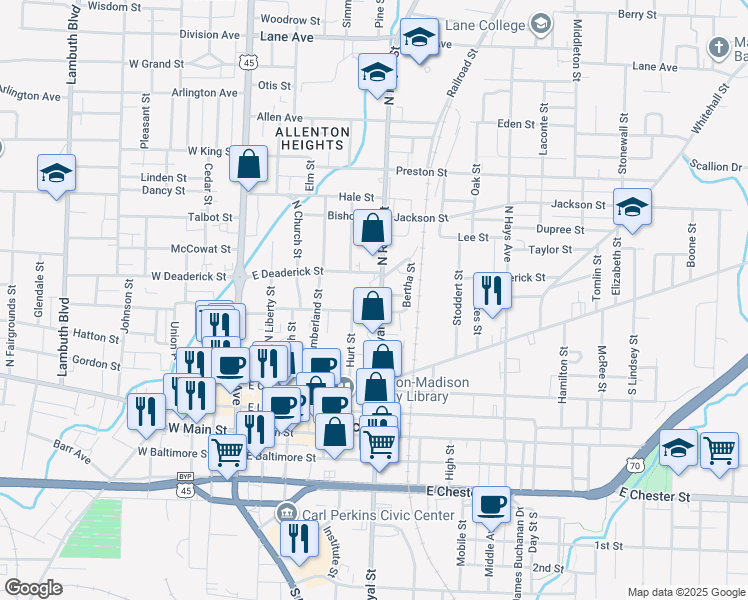map of restaurants, bars, coffee shops, grocery stores, and more near 407 North Royal Street in Jackson