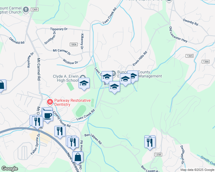map of restaurants, bars, coffee shops, grocery stores, and more near 20 Erwin Hills Road in Asheville