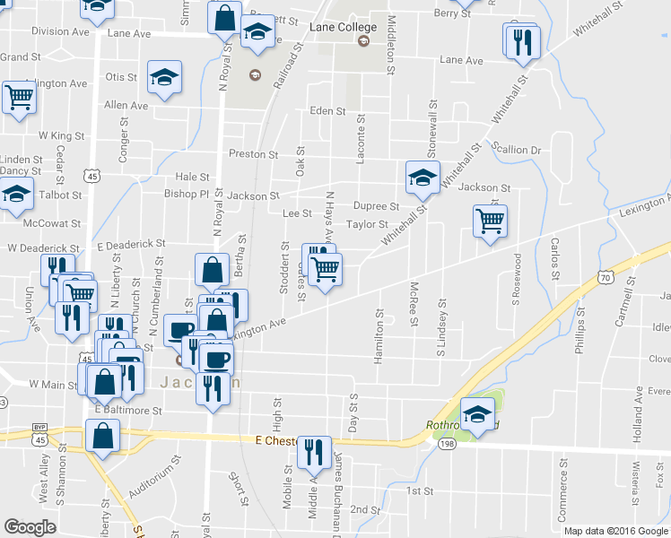 map of restaurants, bars, coffee shops, grocery stores, and more near 444 North Hays Avenue in Jackson