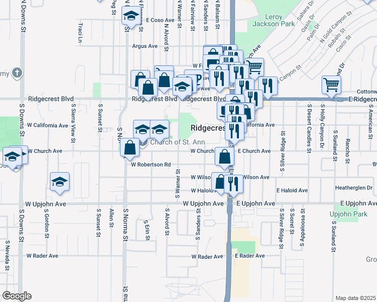 map of restaurants, bars, coffee shops, grocery stores, and more near 232 West Church Avenue in Ridgecrest