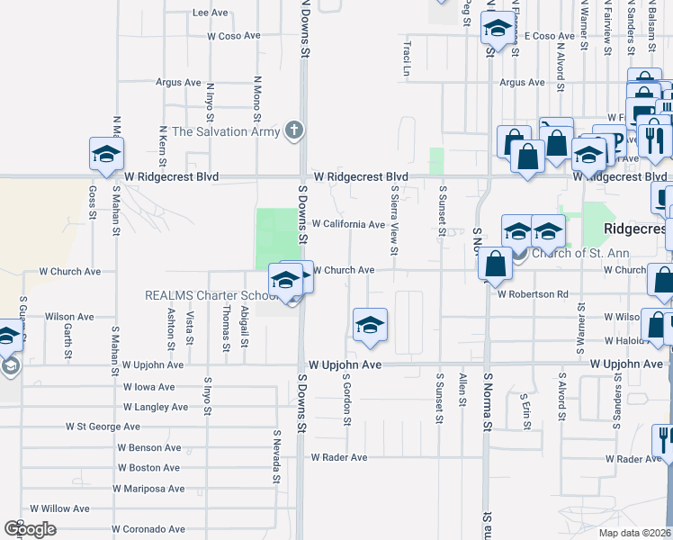 map of restaurants, bars, coffee shops, grocery stores, and more near 744 West Church Avenue in Ridgecrest