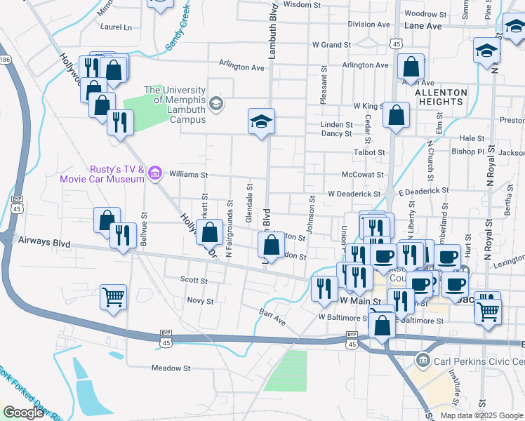map of restaurants, bars, coffee shops, grocery stores, and more near 407 Lambuth Boulevard in Jackson