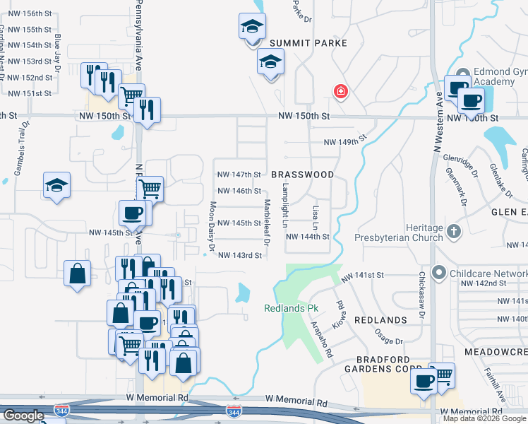 map of restaurants, bars, coffee shops, grocery stores, and more near 1608 Northwest 146th Terrace in Edmond