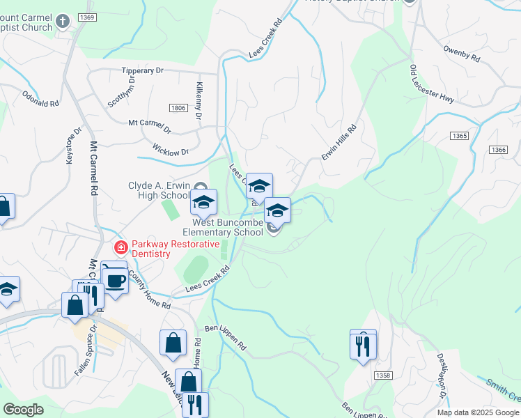 map of restaurants, bars, coffee shops, grocery stores, and more near 20 Erwin Hills Road in Asheville
