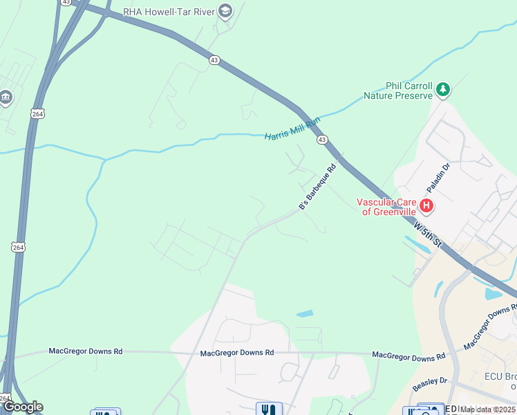 map of restaurants, bars, coffee shops, grocery stores, and more near 2900 West Hills Drive in Greenville