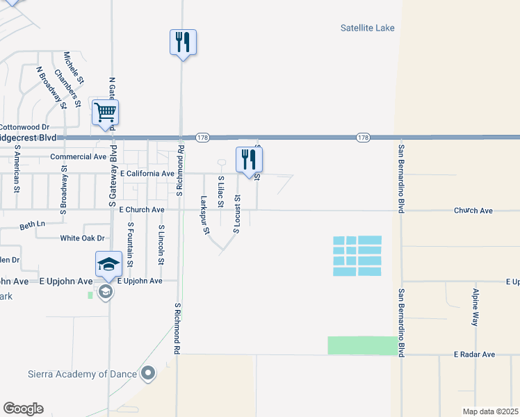 map of restaurants, bars, coffee shops, grocery stores, and more near 26 South Lumill Street in Ridgecrest
